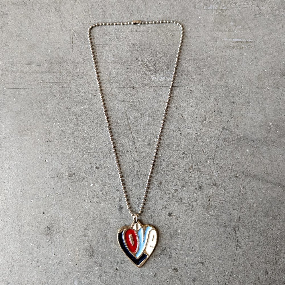 Vintage LOVE Heart Pendant Necklace Silver Ball Chain Red White Blue Boho Hippie